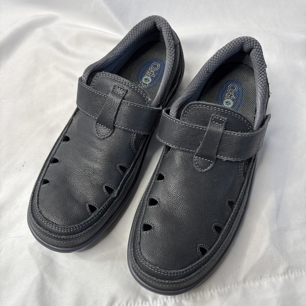 OrthoFeet Women's 8.5 Wide Black Gray Leather Top Cut Out Loafers‎ 891 Comfort